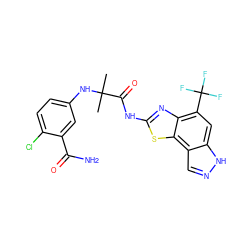 CC(C)(Nc1ccc(Cl)c(C(N)=O)c1)C(=O)Nc1nc2c(C(F)(F)F)cc3[nH]ncc3c2s1 ZINC000115719812