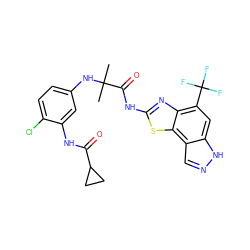 CC(C)(Nc1ccc(Cl)c(NC(=O)C2CC2)c1)C(=O)Nc1nc2c(C(F)(F)F)cc3[nH]ncc3c2s1 ZINC000202048495