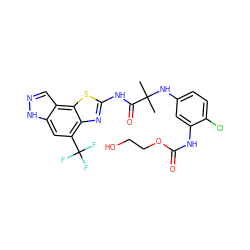 CC(C)(Nc1ccc(Cl)c(NC(=O)OCCO)c1)C(=O)Nc1nc2c(C(F)(F)F)cc3[nH]ncc3c2s1 ZINC000202051207