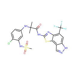 CC(C)(Nc1ccc(Cl)c(NS(C)(=O)=O)c1)C(=O)Nc1nc2c(C(F)(F)F)cc3[nH]ncc3c2s1 ZINC000202050344