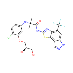 CC(C)(Nc1ccc(Cl)c(OC[C@H](O)CO)c1)C(=O)Nc1nc2c(C(F)(F)F)cc3[nH]ncc3c2s1 ZINC000043178516