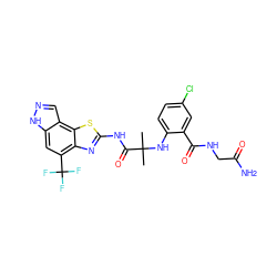 CC(C)(Nc1ccc(Cl)cc1C(=O)NCC(N)=O)C(=O)Nc1nc2c(C(F)(F)F)cc3[nH]ncc3c2s1 ZINC000202051012