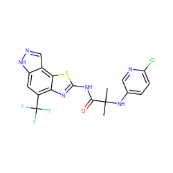 CC(C)(Nc1ccc(Cl)nc1)C(=O)Nc1nc2c(C(F)(F)F)cc3[nH]ncc3c2s1 ZINC000202052711