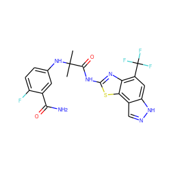 CC(C)(Nc1ccc(F)c(C(N)=O)c1)C(=O)Nc1nc2c(C(F)(F)F)cc3[nH]ncc3c2s1 ZINC000202050171