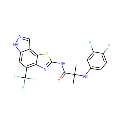 CC(C)(Nc1ccc(F)c(F)c1)C(=O)Nc1nc2c(C(F)(F)F)cc3[nH]ncc3c2s1 ZINC000202051819