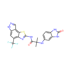 CC(C)(Nc1ccc2[nH]c(=O)[nH]c2c1)C(=O)Nc1nc2c(C(F)(F)F)cc3[nH]ncc3c2s1 ZINC000202050273