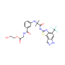 CC(C)(Nc1cccc(C(=O)NCC(=O)OCCO)c1)C(=O)Nc1nc2c(C(F)(F)F)cc3[nH]ncc3c2s1 ZINC000202048892