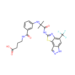 CC(C)(Nc1cccc(C(=O)NCCCC(=O)O)c1)C(=O)Nc1nc2c(C(F)(F)F)cc3[nH]ncc3c2s1 ZINC000202052186