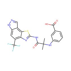 CC(C)(Nc1cccc(C(=O)O)c1)C(=O)Nc1nc2c(C(F)(F)F)cc3[nH]ncc3c2s1 ZINC000202048205