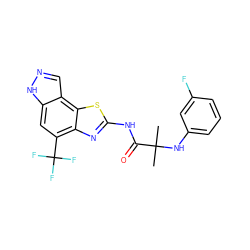 CC(C)(Nc1cccc(F)c1)C(=O)Nc1nc2c(C(F)(F)F)cc3[nH]ncc3c2s1 ZINC000202051091