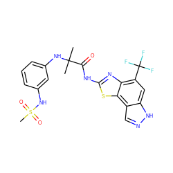 CC(C)(Nc1cccc(NS(C)(=O)=O)c1)C(=O)Nc1nc2c(C(F)(F)F)cc3[nH]ncc3c2s1 ZINC000202052847