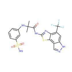 CC(C)(Nc1cccc(S(N)(=O)=O)c1)C(=O)Nc1nc2c(C(F)(F)F)cc3[nH]ncc3c2s1 ZINC000115720544