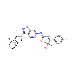 CC(C)(O)[C@@H](NC(=O)Nc1cc2[nH]nc(N3C[C@@H]4[C@H]5CC[C@](C)(O5)[C@H]4C3)c2cn1)c1ccc(F)cc1 ZINC001772654698