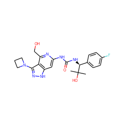 CC(C)(O)[C@@H](NC(=O)Nc1cc2[nH]nc(N3CCC3)c2c(CO)n1)c1ccc(F)cc1 ZINC000210820723