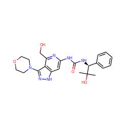 CC(C)(O)[C@@H](NC(=O)Nc1cc2[nH]nc(N3CCOCC3)c2c(CO)n1)c1ccccc1 ZINC001772650273