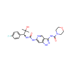 CC(C)(O)[C@@H](NC(=O)Nc1cc2[nH]nc(NC(=O)N3CCOCC3)c2cn1)c1ccc(F)cc1 ZINC001772622407