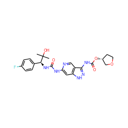 CC(C)(O)[C@@H](NC(=O)Nc1cc2[nH]nc(NC(=O)O[C@@H]3CCOC3)c2cn1)c1ccc(F)cc1 ZINC001772588902