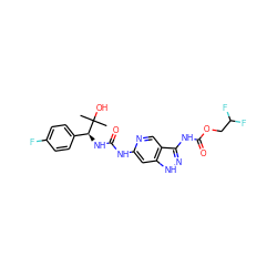 CC(C)(O)[C@@H](NC(=O)Nc1cc2[nH]nc(NC(=O)OCC(F)F)c2cn1)c1ccc(F)cc1 ZINC001772654641