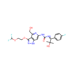 CC(C)(O)[C@@H](NC(=O)Nc1cc2[nH]nc(OCCOC(F)F)c2c(CO)n1)c1ccc(F)cc1 ZINC001772604708