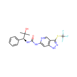 CC(C)(O)[C@@H](NC(=O)Nc1cc2[nH]nc(SC(F)(F)F)c2cn1)c1ccccc1 ZINC001772646629