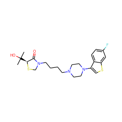 CC(C)(O)[C@@H]1SCN(CCCCN2CCN(c3csc4cc(F)ccc34)CC2)C1=O ZINC000013759435