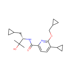 CC(C)(O)[C@H](CC1CC1)NC(=O)c1ccc(C2CC2)c(OCC2CC2)n1 ZINC000207733214