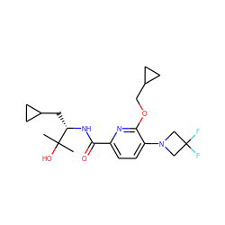 CC(C)(O)[C@H](CC1CC1)NC(=O)c1ccc(N2CC(F)(F)C2)c(OCC2CC2)n1 ZINC000207732789