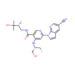 CC(C)(O)[C@H](F)CNC(=O)c1cnc(-n2ccc3cc(C#N)cnc32)cc1N[C@@H](CO)CF ZINC001772583581