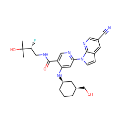 CC(C)(O)[C@H](F)CNC(=O)c1cnc(-n2ccc3cc(C#N)cnc32)cc1N[C@@H]1CCC[C@H](CO)C1 ZINC001772610866