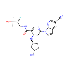 CC(C)(O)[C@H](F)CNC(=O)c1cnc(-n2ccc3cc(C#N)cnc32)cc1N[C@H]1CC[C@H](N)C1 ZINC001772586723