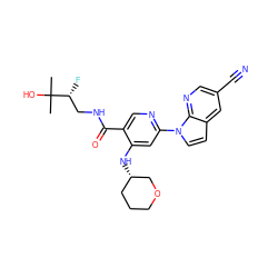 CC(C)(O)[C@H](F)CNC(=O)c1cnc(-n2ccc3cc(C#N)cnc32)cc1N[C@H]1CCCOC1 ZINC001772597536