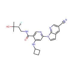 CC(C)(O)[C@H](F)CNC(=O)c1cnc(-n2ccc3cc(C#N)cnc32)cc1NC1CCC1 ZINC001772621385