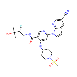 CC(C)(O)[C@H](F)CNC(=O)c1cnc(-n2ccc3cc(C#N)cnc32)cc1NC1CCN(S(C)(=O)=O)CC1 ZINC001772612747