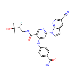 CC(C)(O)[C@H](F)CNC(=O)c1cnc(-n2ccc3cc(C#N)cnc32)cc1Nc1ccc(C(N)=O)cc1 ZINC001772651735