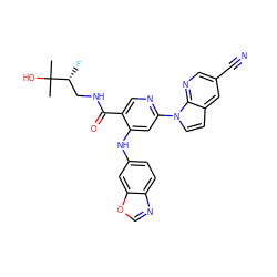 CC(C)(O)[C@H](F)CNC(=O)c1cnc(-n2ccc3cc(C#N)cnc32)cc1Nc1ccc2ncoc2c1 ZINC001772615844