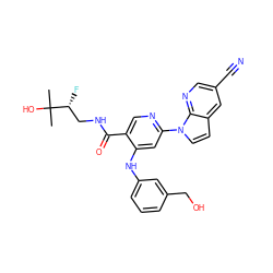 CC(C)(O)[C@H](F)CNC(=O)c1cnc(-n2ccc3cc(C#N)cnc32)cc1Nc1cccc(CO)c1 ZINC001772641637