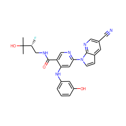 CC(C)(O)[C@H](F)CNC(=O)c1cnc(-n2ccc3cc(C#N)cnc32)cc1Nc1cccc(O)c1 ZINC001772648020