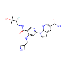 CC(C)(O)[C@H](F)CNC(=O)c1cnc(-n2ccc3cc(C(N)=O)cnc32)cc1NCC1CNC1 ZINC001772597560