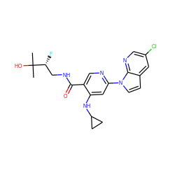 CC(C)(O)[C@H](F)CNC(=O)c1cnc(-n2ccc3cc(Cl)cnc32)cc1NC1CC1 ZINC001772590631