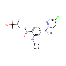 CC(C)(O)[C@H](F)CNC(=O)c1cnc(-n2ccc3cc(Cl)cnc32)cc1NC1CCC1 ZINC001772647920