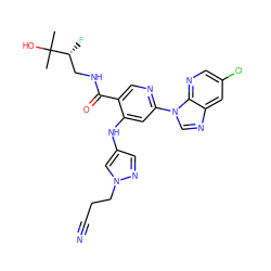 CC(C)(O)[C@H](F)CNC(=O)c1cnc(-n2cnc3cc(Cl)cnc32)cc1Nc1cnn(CCC#N)c1 ZINC001772615856