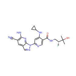 CC(C)(O)[C@H](F)CNC(=O)c1cnc(-n2ncc3cc(C#N)c(N)nc32)cc1NC1CC1 ZINC001772654865