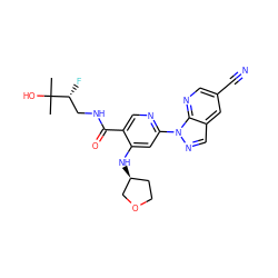 CC(C)(O)[C@H](F)CNC(=O)c1cnc(-n2ncc3cc(C#N)cnc32)cc1N[C@H]1CCOC1 ZINC001772619506