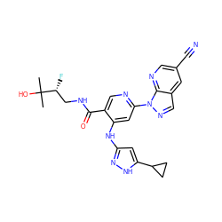 CC(C)(O)[C@H](F)CNC(=O)c1cnc(-n2ncc3cc(C#N)cnc32)cc1Nc1cc(C2CC2)[nH]n1 ZINC001772575699