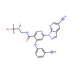 CC(C)(O)[C@H](F)CNC(=O)c1cnc(-n2ncc3cc(C#N)cnc32)cc1Nc1cccc(C#N)c1 ZINC001772581035