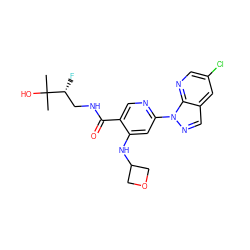 CC(C)(O)[C@H](F)CNC(=O)c1cnc(-n2ncc3cc(Cl)cnc32)cc1NC1COC1 ZINC001772584867