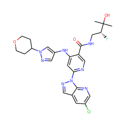 CC(C)(O)[C@H](F)CNC(=O)c1cnc(-n2ncc3cc(Cl)cnc32)cc1Nc1cnn(C2CCOCC2)c1 ZINC001772575707