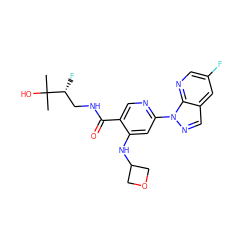 CC(C)(O)[C@H](F)CNC(=O)c1cnc(-n2ncc3cc(F)cnc32)cc1NC1COC1 ZINC001772626253