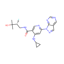 CC(C)(O)[C@H](F)CNC(=O)c1cnc(-n2ncc3cncnc32)cc1NC1CC1 ZINC001772588018