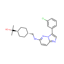 CC(C)(O)[C@H]1CC[C@H](CNc2ccc3ncc(-c4cccc(Cl)c4)n3n2)CC1 ZINC001772636205